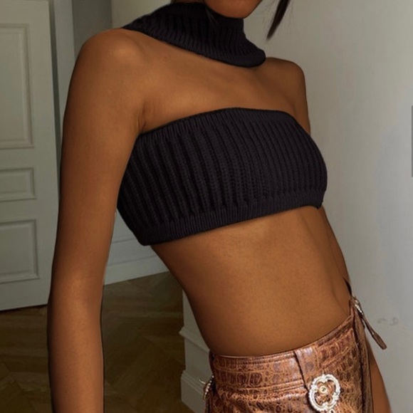 Womens|Knit Halter Crop Top|Large L|Black|Stretch - Picture 2 of 11